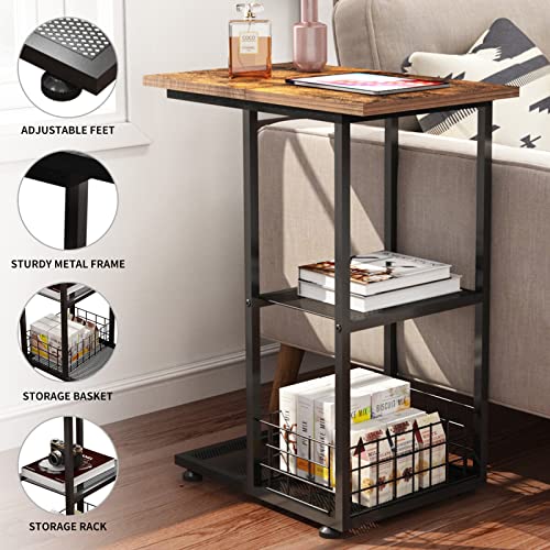 NONGSHIM C Shaped Snack Side Table with Storage Basket, Small Sofa