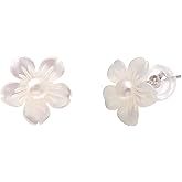 Freshwater Cultured Pearl Studs Hand Carved Shell Flower Earrings for Women, White