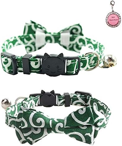 Thain 猫首輪 唐草 緑 ブランド品 首輪 犬 セーフティバックル付 猫 すず 安全 かわいい グリーン 猫シュシュカラー唐草 1本入り リボン ペット首輪 迷子ふだ ネームタグ