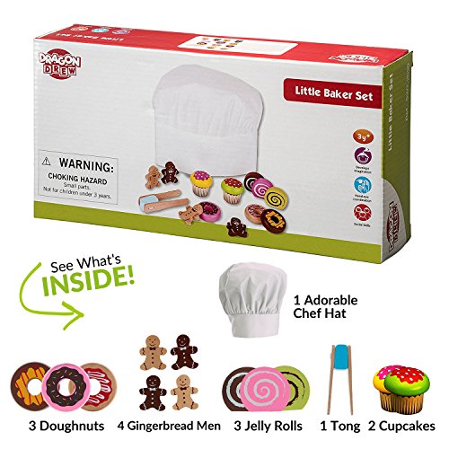 Dragon Drew Play Kitchen for Toddlers with Chef Hat - Wooden Play Food Playset (14 PC Set) - Thumbnail 4