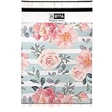 100 Pack 10x13 Pink Stripes and Flowers Poly Mailers Shipping Envelopes Bags with Custom Designer Printed Boutique Pattern and Self Seal Adhesive Strip - Large Heavy Duty Waterproof Bulk Combo