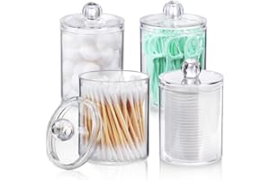 4 Pack 10oz Bathroom Storage Containers Clear Plastic Apothecary Jars with Lids for Organizing Cotton Ball, Cotton Round Pads