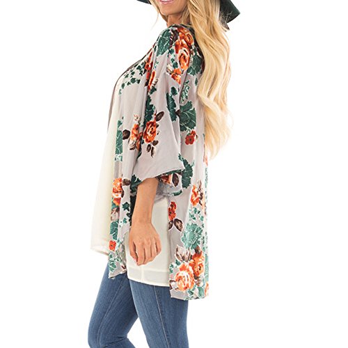 HTDBKDBK Women Causal Loose Half Sleeve Summer Chiffon Floral Kimono Shawl Chiffon Cardigan Gray
