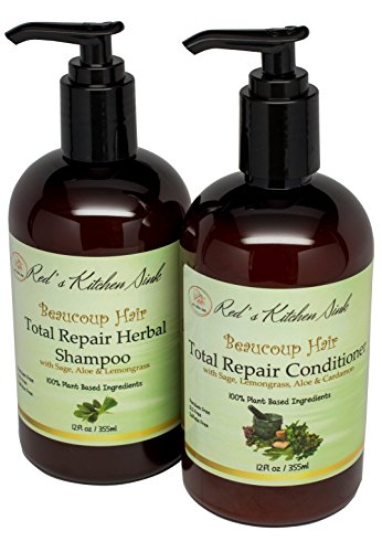 Beaucoup Hair All Natural Total Repair Herbal Shampoo & Conditioner 2 In 1 Set - Paraben & SLS Free - Moisturizes, Thickens Hair, Stop Shedding - Gentle On Thin, Colored, Keratin-Treated Hair
