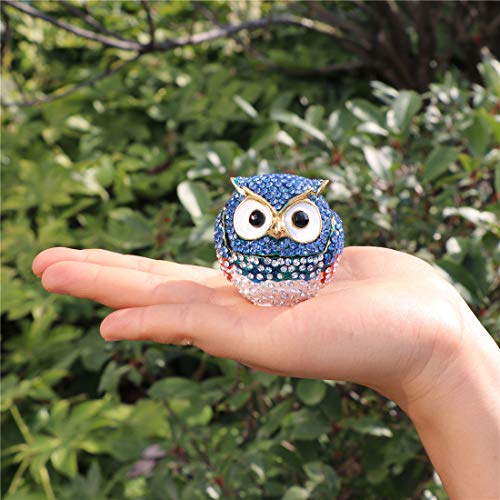 Waltz&F Diamond Light Blue Owl TrinketBox Hinged Hand-Painted Figurine Collectible Ring Holder