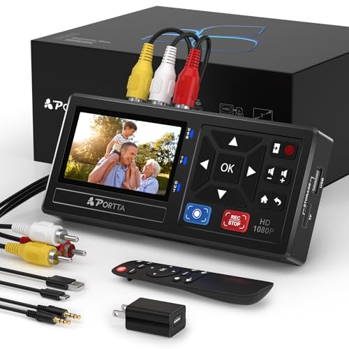 PORTTA VHS to Digital Converter, Scanning Video Cassette with Remote Control, RCA to HDMI Converter Compatible with VHS, VCR, DVR, DVD, Hi8, Mini DV, Cassette Tape, Gaming Consoles