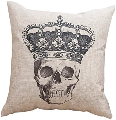 LGNL 1PCS Cotton Linen Square Decorative Throw Pillow Case Cushion Cover 18" x 18" (Crown Skull)