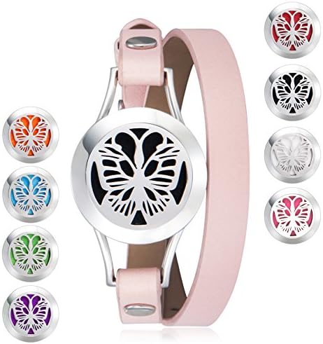 Essential Oil Diffuser Bracelet,Butterfly Stainless Steel Aromatherapy Locket Bracelets Leather wrap with 8 Color Pads,Girls Women Jewelry Gift Set