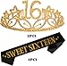 MEANT2TOBE 16th Birthday Sash and Tiara for Girls - Fabulous Set: Glitter Sash + Stars Rhinestone Gold Premium Metal Tiara, 16th Birthday Gifts for Sweet 16 Birthday Party