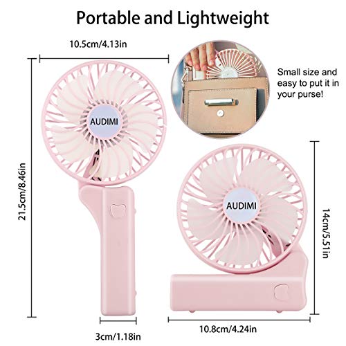 AUDIMI Handheld Fan with Rechargeable Battery Folding Personal Desk Fan Portable Small Operated Electric Fan for Traveling Office Outdoor - Pink - Thumbnail 2