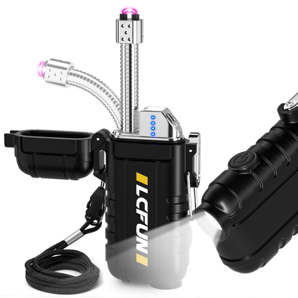 USB Rechargeable Electric Lighter with Retractable Neck, Windproof & Waterproof Arc Plasma Lighter with Flashlight for Outdoor Activities (Black)