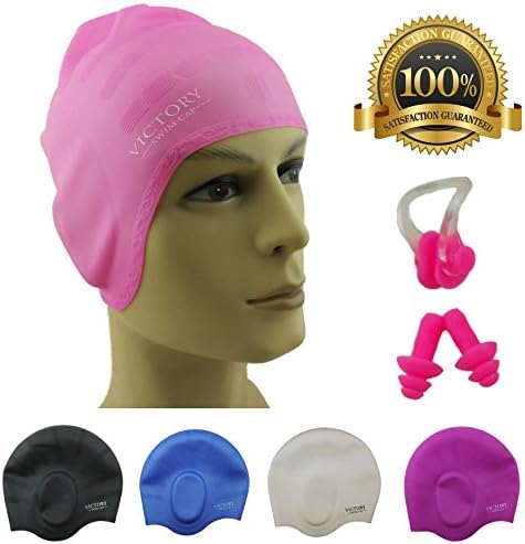 #1 Swimming Cap For Adult Men &amp; Women, Boys &amp; Girls. Specially Designed for Swimmers with Long, Thick, Curly Hair - The Best Silicone Swim Cap On Amazon – Free Nose Clip &amp; Ear Protection. (Pink)