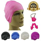 #1 Swimming Cap For Adult Men & Women, Boys & Girls. Specially Designed for Swimmers with Long, Thick, Curly Hair - The Best Silicone Swim Cap On Amazon – Free Nose Clip & Ear Protection.