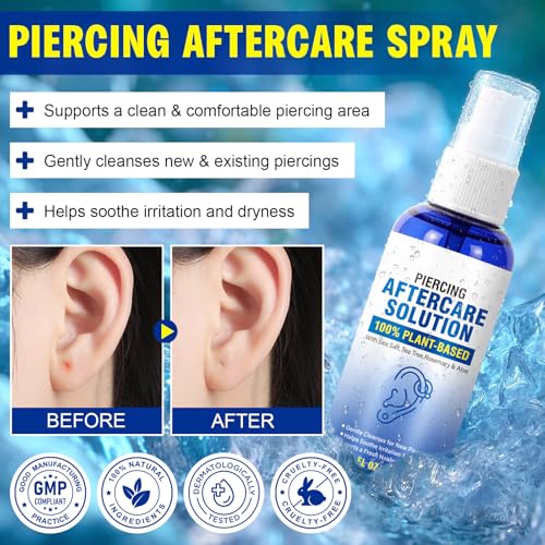 Piercing Aftercare Spray - Saline Solution Natural Keloid Bump Removal - Ear Piercing Cleaner Nose Septum Belly Button Cartilage - Seawater Disinfection Spray - Fine Mist 2 Fl Oz