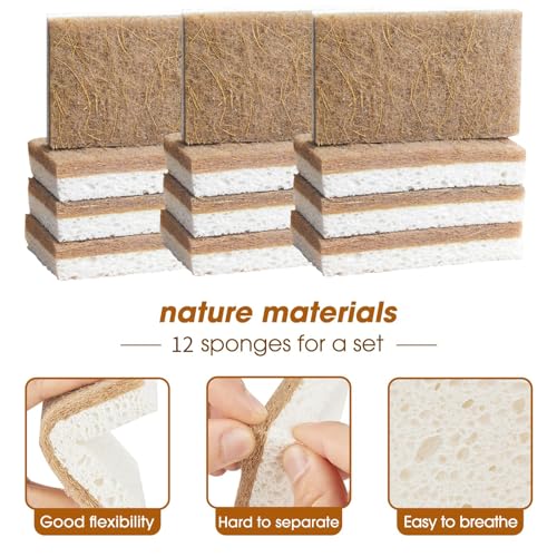 12 Pack Eco-Friendly Coconut Fiber Kitchen Sponges - Biodegradable, Durable, and Soap-Saving for Pots, Pans, Countertops, Bathtubs, and Tiles, Sponge Dish (Square)
