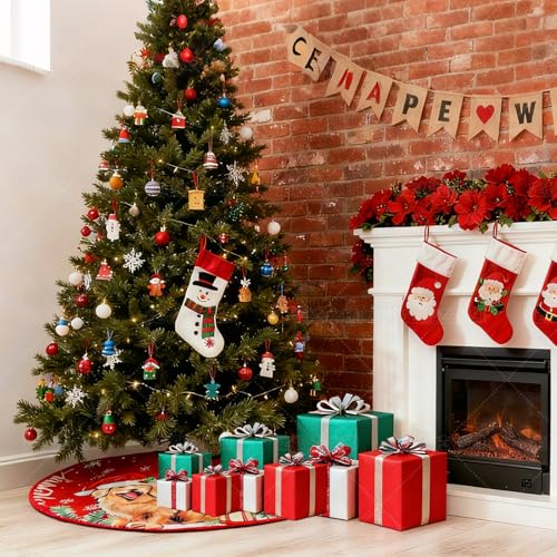 Aqlithle Christmas Tree Skirt, 30 Inches Tree Mat, Dog and Tree Round Xmas Cover for Xmas Indoor Outdoor Home Holiday Merry Christmas Party Christmas Tree Decoration