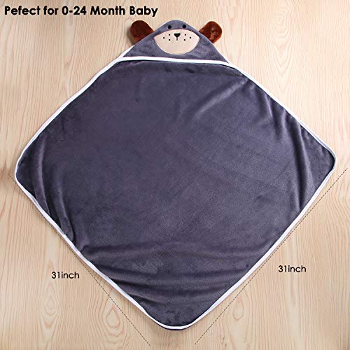 Baby Hooded Towel Flannel Washcloth Bath Blanket, Yinuoday Premium Absorbent Soft Infant Toddler Cute Animal Hooded Bath Towel Baby Shower Gift for Baby Boys and Girls/31" X 31" - Thumbnail 4