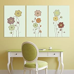 3 Panel Canvas Wall Art - Hand Drawing Style Flowers on Light Green Background - Giclee Print Gallery Wrap Modern Home Art Ready to Hang - 16"x24" x 3 Panels