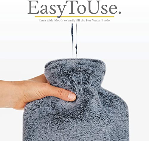 Wärmflasche mit flauschigem Bezug, 1,8L Wärmflasche aus reinem Naturkautschuk, Warmes Handwärmer für Schmerzlinderung, Bettflasche für gemütliche Nächte, Tolles Geschenk für Frauen (Dunkelgrau)