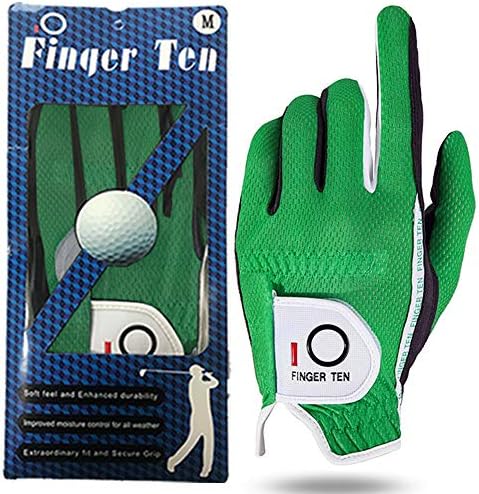Finger Ten ゴルフグローブ メンズ 全天候型 1個左手用 两手 滑り止め 柔らかい ゴルフ用 繊維布 フィット感 マジックテープ 汗防止 多機能 Black 灰grey Green グリーン22 23 24 25 26 27