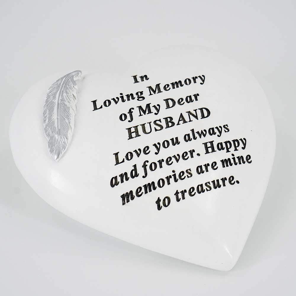 ESSGES Husband Memorial Feather Heart Grave Plaque Ornament Decoration - White Resin - 15cm x 15cm - Memorial Sculpture