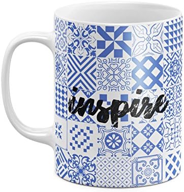 Inspire Blue Moroccan Mosaic Inspirational Motivation Quote White Heat Resistant Ceramic Tea Coffee Mug - 11oz