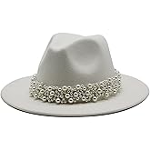 Qkrlamx Black Fedora Hats for Women Wool Panama Hat with Pearl Band Wide Brim Felt Hat Classic Trilby Hat