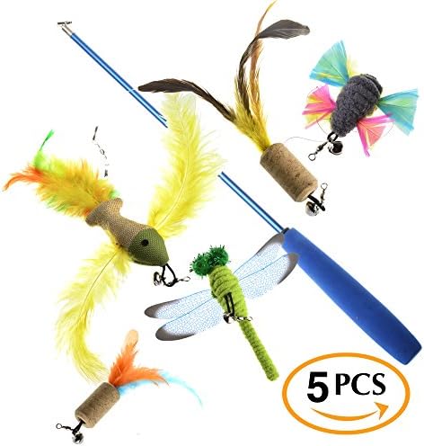 Cat Toy Interactive Retractable Cat Wand – Multi Teaser and Exerciser for Cat Kitten 5 Pieces Assorted Colors – With Bell Pet Cat Feather Toys