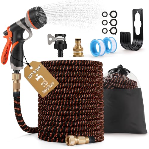 Expandable Garden Hose 30 m with Automatic Reel, 8 Modes of Spray Gun, Retractable Flexible Garden Hose, Leak-Proof Metal Connector, for Medium Garden, Patio, Cleaning