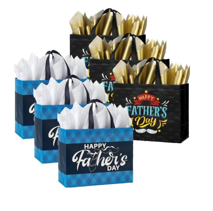 Photo 1 of 13" Fathers Day Gift Bag with Tissue Paper,6 Pack Large Father's Day Bag Bulk,Reusable Gift Bag with Handles -Father's Day Gifts for Dad,Grandpa,New Dad,Brother,Grandfather Fathers,Uncle (Black,Blue)