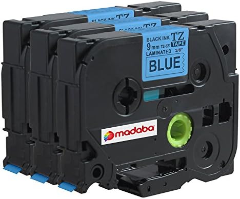 Madabcom 3 Pack compatible for Brother P-Touch TZ521 TZE521 TZ 521 TZE 521 Laminated Label Makers &amp; Printers Tape 9mm Black on Blue , 3/8 Inch x 26.2 Feet