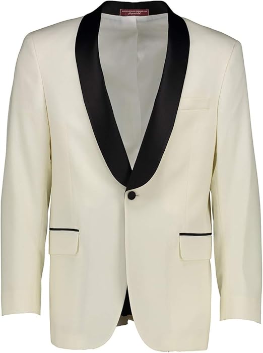 Classic Fit Ivory Wool Dinner Jacket with Black Satin Shawl Collar (38