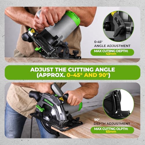 DESOON Sega Circolare da 1600 W con Guida Laser, Include Guida Parallela e 2 Lame da Seghetto (185 mm, 24T e 40T), 5500 Giri/min, Profondità di Taglio 65 mm (90°) e 43 mm (45°), per Taglio Legno
