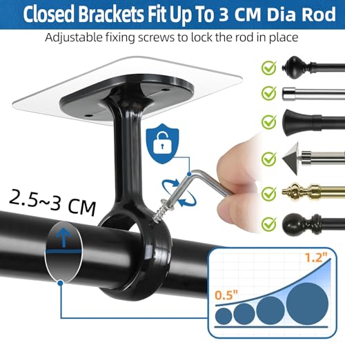 Curtain Rod, No Drilling, Adjustable Ceiling / Wall Bracket, Fits Rods, Diameter 25-32 mm, Ideal for Bathroom, Kitchen, Window, Wardrobe (Pack of 6, Black)