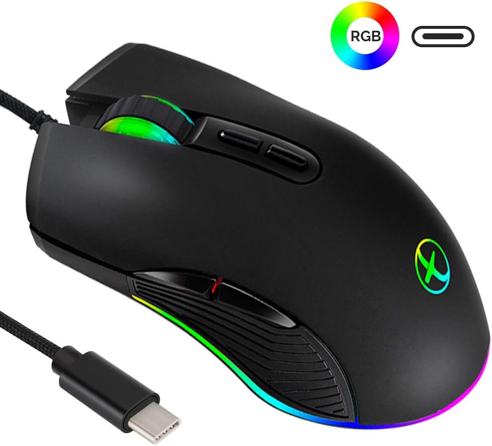 IULONEE Type C Mouse, Wired USB C Mice Gaming Mouse Ergonomic 4 RGB Backlight 3200 DPI Compatible with M@c, Matebook, Chromebook, HP OMEN, Windows PC, Laptop and More USB Type C Devices (Black)