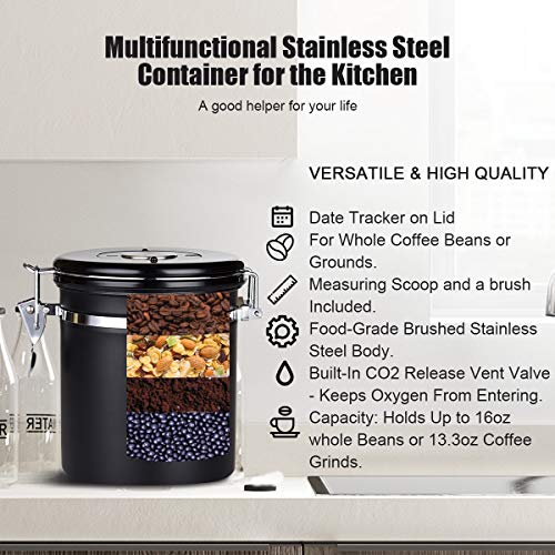 Coffee Container Airtight Stainless Steel Storage Canister with Built-in CO2 Valve, Measuring Scoop and Brush - Black