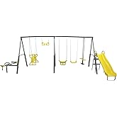 XDP Recreation Rising Sun Kids Metal A-Frame Swing Set with Slide, Yellow | Includes See Saw &amp; Glider for Backyard Activity, Family Time, Exercise, Active Movement, Group Play &amp; Shared Adventures