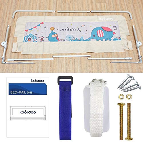 KOOLDOO 59 inch Foldable Baby Bed Rail Guard Extra Long Safety Toddler Bedrail with Reinforced Anchor Safety System - Animal Park Theme (Beige Color)