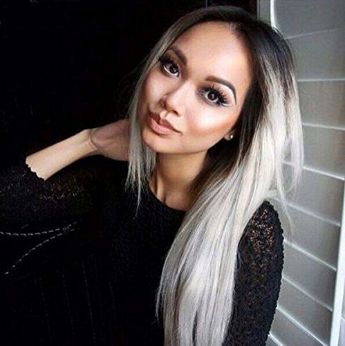 Jodiss Long Ombre Silver Wig for Women Straight Synthetic Ombre Grey Wig Looking Natural Heat Resistant Fiber Hair Wig