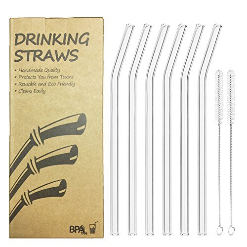 Reusable Bent Glass Drinking Straws, Set of 6 with 2 Cleaning Brushes,Shatter Resistant,BPA Free, Non-Toxic, Eco-Friendly, 200mm x 10mm (Bent 8'' x10mm, Transparent)