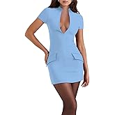 Puhrissimus Women's Short Sleeve Deep V- Neck Bodycon Short Elegant Formal Party Mini Dress with Pockets Light Blue XXL