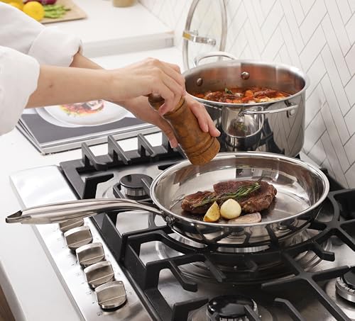 SanheKit - Set of 3 Stainless Steel Frying Pans Professional 3-Layer Pan Set, 20-25-30cm, Mirror Polished, Induction, Kitchen Pans, Frying Pans, Dishwasher Safe