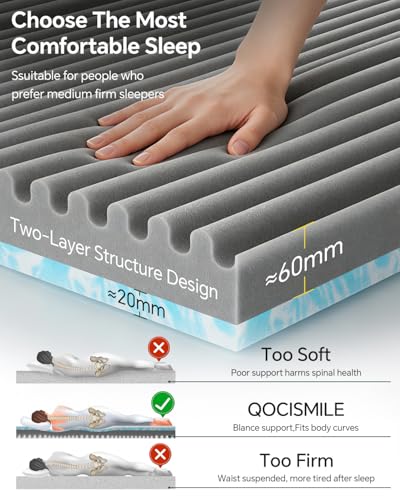 Qocismile College Dorm Room Essentials Twin XL Mattress Topper Firm Gel Memory Foam Mattress Topper for Pressure Relief 3 inch Mattress Bed Pad,Dual-Layer Foam,Bamboo Rayon Cover for Comfort Sleep