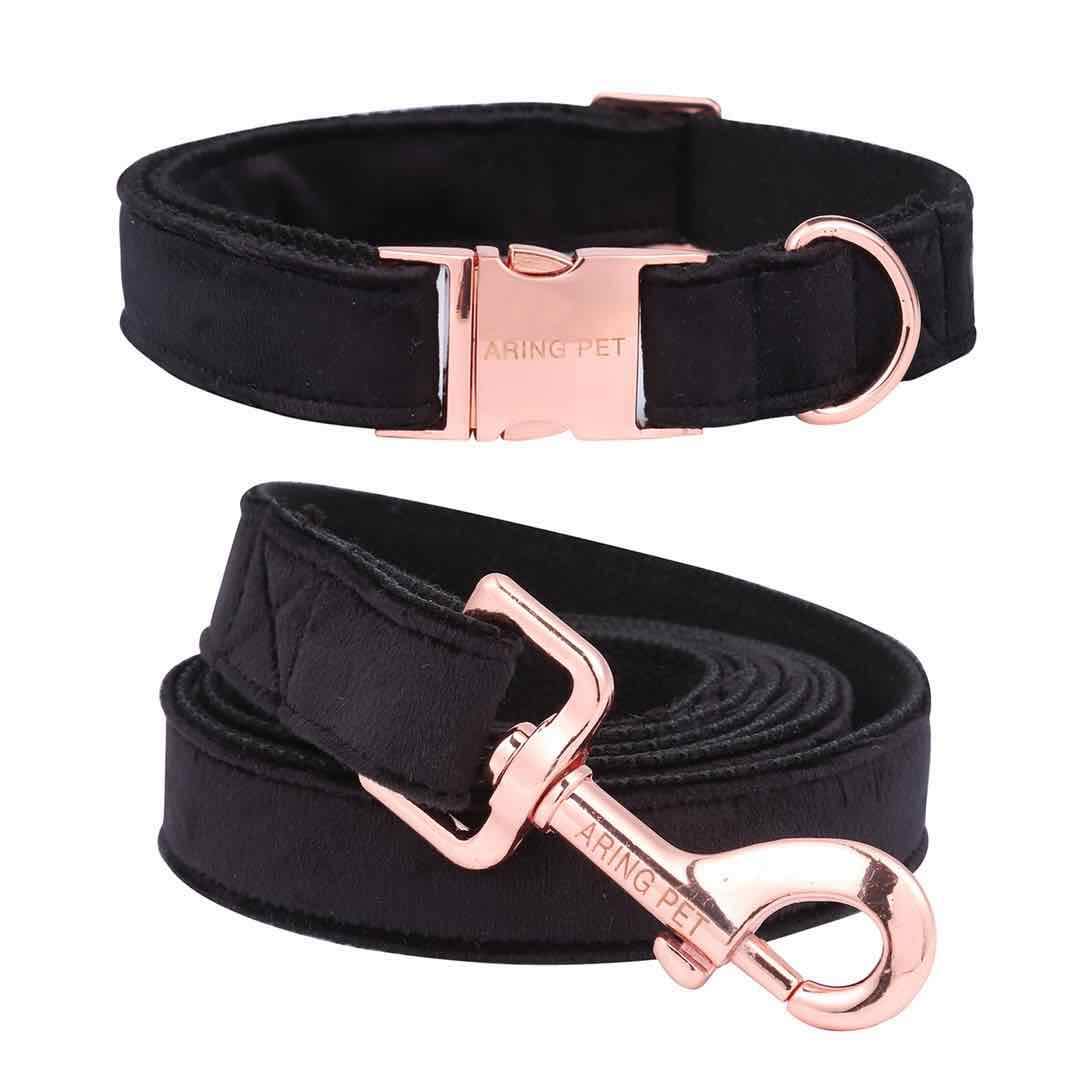 ARING PET Black Dog Collar and Lead, Velvet Collar and Leash Set, Comfortable Collar and Lead with Adjustable Metal Buckle for Boys&Girls Dogs, X-Large