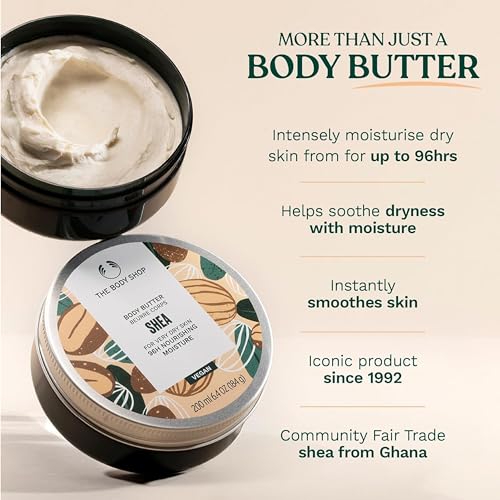 The Body Shop Shea Body Butter (1x 200ml), Shea Butter Body Moisturiser, Body Cream for Dry Skin, 96H Nourishing Moisture, Body Care, Non-Greasy, Non-Sticky Vegan Formula