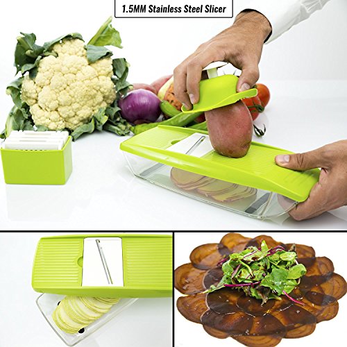 Vegetable Slicer WiHoo Adjustable Mandoline with 5 Thickness Settings Interchangeable Stainless Steel Blades +Vegetable Peeler Slicer+Food Container