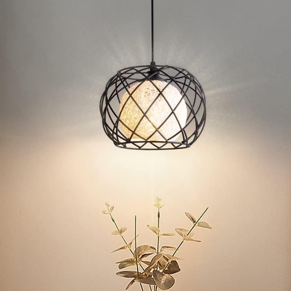 Photo 1 of FISGONI Modern Black Pendant Light 1-Light Hanging Kitchen Island Light with Rattan Cage for Kitchen Dining Room Hallway Bar,9.75in