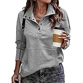 SHEWIN Women's Casual Long Sleeve Stand Neck Sweatshirt Lightweight Button Drawstring Pullover Tops