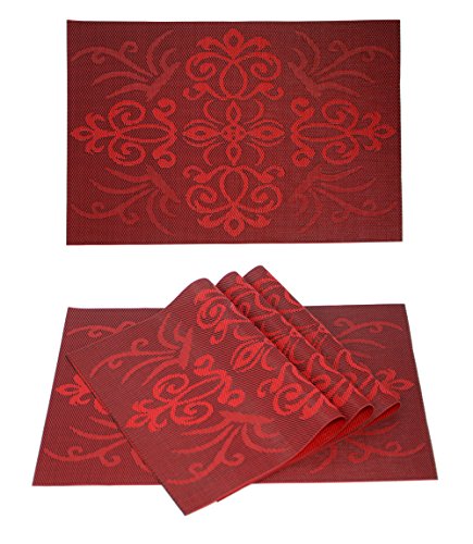 UniqHome Placemates Set of 4 Washable PVC Placemats for Dining Table Heat Insulation Stain Resistan Non-Slip Kitchen Table Mats Easy to Clean (Red)