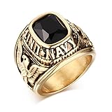 United States Navy Rings,Marine Corps,USMC,Stainless Steel Gold Plated Black CZ Stone ,Size 10